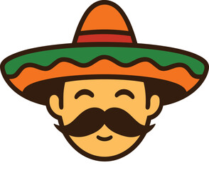 Cheerful cartoon illustration of a mexican man wearing a sombrero and a large brown mustache