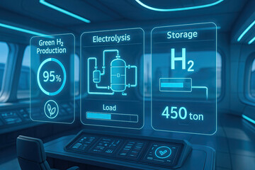 Green hydrogen production electrolysis process hydrogen storage futuristic control panel blue digital interface clean energy technology sustainable power system energy monitoring display hydrogen