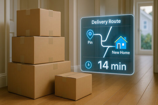 Delivery route concept with stacked cardboard boxes on wooden floor inside home, showing estimated 14 minutes to new home for package delivery