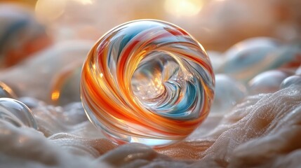 Colorful glass orb swirling on soft textured surface
