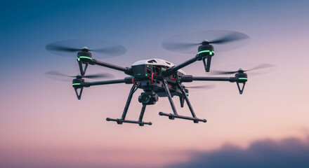 Modern drone in flight against a soft sunset sky.