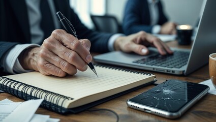 Business Meeting with Notebook and Broken Smartphone
