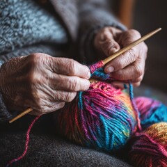 A woman is knitting a colorful yarn
