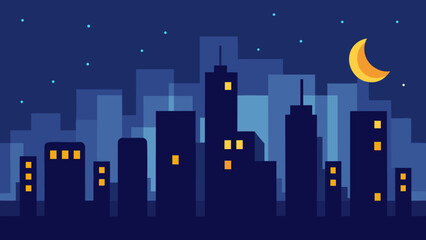Fototapeta premium Dazzling flat night city skyline with glowing windows and moonlight