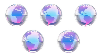Set of colorful glowing glass globes in different perspectives isolated on white suitable for technology or environmental concepts