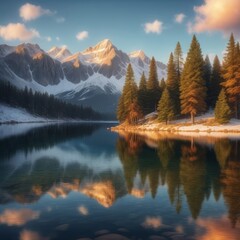 Fantastic winter landscape with snow-capped mountains and lake
