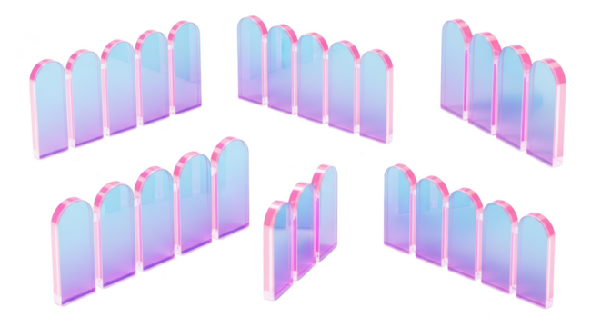 Transparent colorful fence-like shapes casting soft shadows on a bright white surface; could be used for a minimalist or abstract design