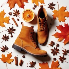 Autumn still life with boots, leaves and nuts on white wooden background