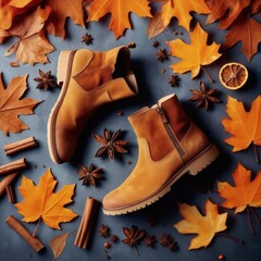 Top view of man and woman legs in brown shoes on wooden background with autumn leaves.