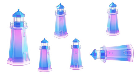 Colorful illustrated lighthouses rendered in 3D arranged on a white background suitable for graphics design and coastal themes