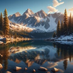 Fantastic winter landscape with snow-capped mountains and lake