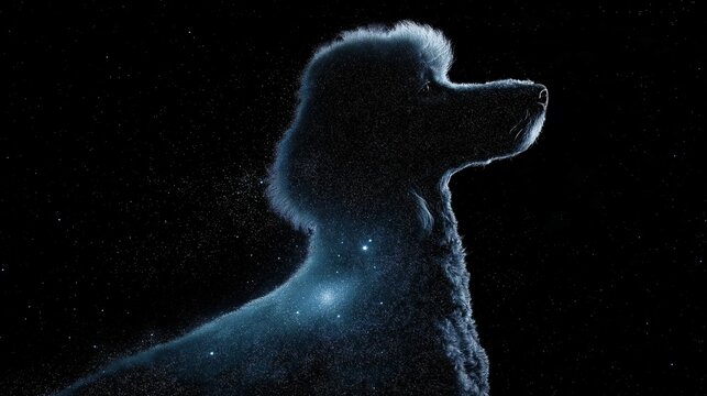 A silhouette of a Poodle stands out against a dark background with radiant stardust - Powered by Adobe