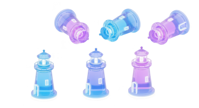 Colorful 3D-rendered lighthouses glowing in blue and purple on white background symbolizing navigation and guidance suitable for digital designs