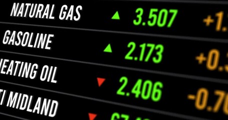 Commodity trading scrolling tickers on electronic board, oil and gas prices quotations, stock market price changes, footage - Powered by Adobe