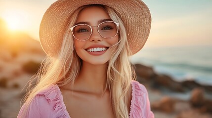 Smiling woman wearing a straw hat and glasses by the ocean.