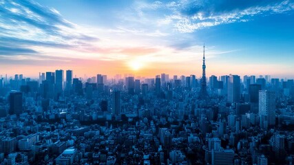 Aerial panorama of the Tokyo cityscape at sunrise with skyscrapers and urban landscape with - Powered by Adobe