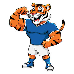 Vector illustration of a strong and happy, brave tiger flexing its muscles in a blue jersey. Cartoon style on a white background.