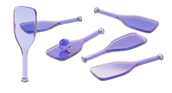 Abstract purple glass paddles are displayed some holding a sphere arranged on a white surface with soft shadows suitable for cosmetic or design imagery