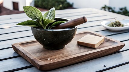 Mortar and pestle with fresh herbs on wooden tray outdoors  