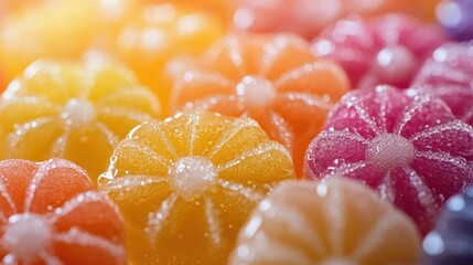Colorful gummy candies arranged with sparkling sugar
