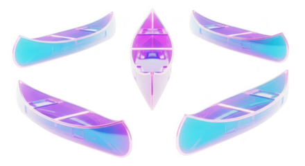 Colorful canoes displayed in multiple perspectives against a white backdrop showcasing their design for use in presentations and design