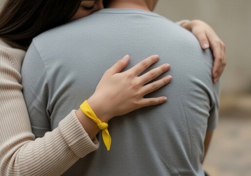 Close-up of woman hugging man with yellow ribbon on wrist, symbol of support and awareness
