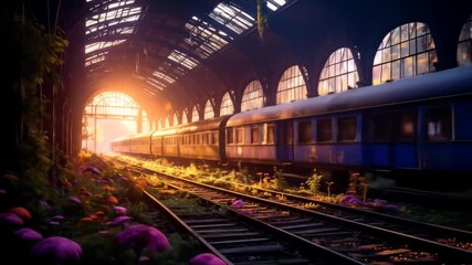 Abandoned Train Station, Floral Embrace, Sunlit Tranquility - Powered by Adobe