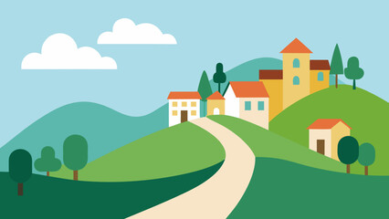 Picturesque hilltop village skyline featuring terraced homes and lush trees