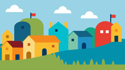 Charming hilly neighborhood skyline featuring colorful houses and lush trees