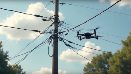 Drone entangled in overhead utility wires during daytime urban flight