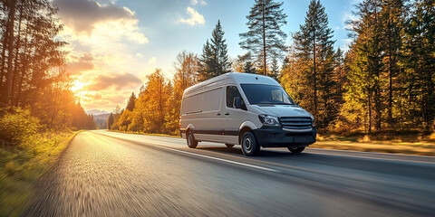White modern delivery small shipment cargo courier van moving fast on motorway road to city