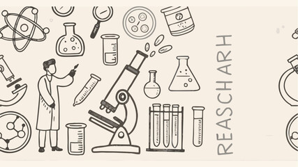 Illustration showing a scientist in a lab coat with various scientific equipment and tools in a laboratory setting | editable eps vectors silhouette