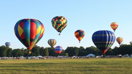 Colorful hot air balloons floating over a festival field
