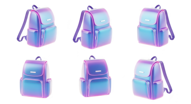 Rendered 3D blue-purple backpack collection on white backdrop for education or travel concepts illustrating different angles - Powered by Adobe