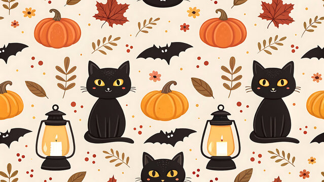 Cute halloween pattern with black cats pumpkins and bats