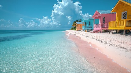 Vibrant pastel beach huts line a pristine white sand shore beside turquoise ocean waters under a bright blue sky.