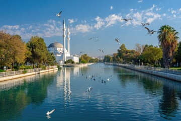 Tranquil riverside mosque scene