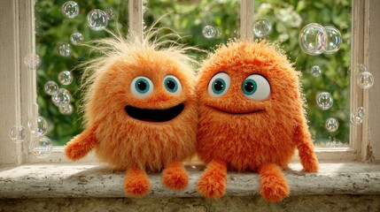Two fuzzy orange creatures sit on a windowsill, surrounded by bubbles