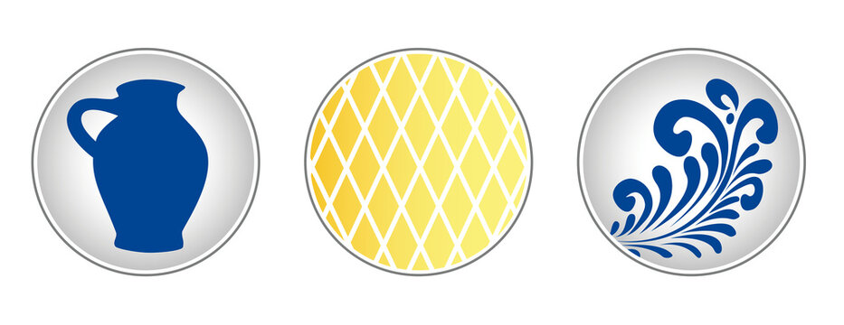Apfelwein Bembel und Geripptes Glas: drei Buttons mit Illustrationen - Getr&auml;nk in Hessen, transparent ohne Hintergrund 