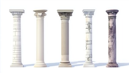 Obraz premium Ancient Pillars On White: Variety Of Architectural Columns With Stone Effect In Classical Style.
