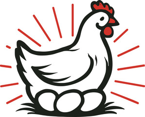 Illustrated white hen sitting on a nest with three eggs featuring red highlights on white background