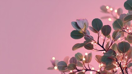 Soft pink backdrop, illuminated eucalyptus branches