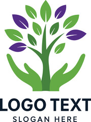 Abstract logo design concept of a green tree held gently by two hands symbolizing nature and support.