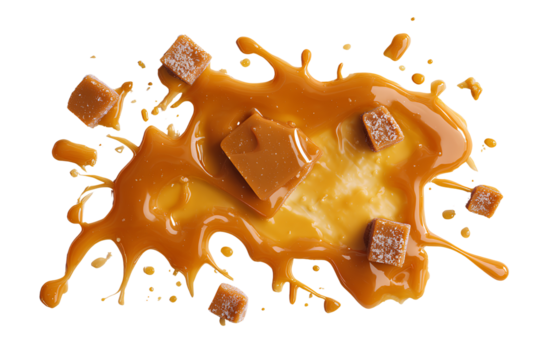  Messy Puddle of Caramel Sauce with Scattered Candy Pieces Top Down View Isolated on Transparent Background PNG