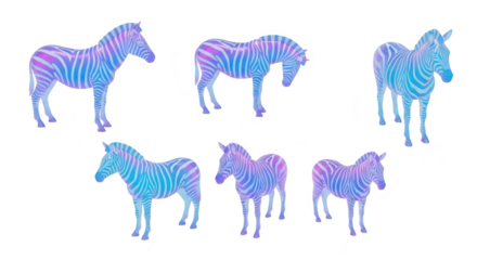 Group of vibrantly colored zebras standing on a plain white background shadows cast Great for creative projects