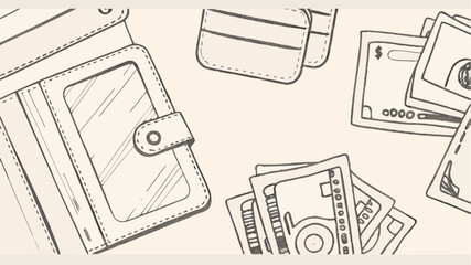 Illustration showing wallets and stacks of money in a simple line drawing style composition layout design | editable eps vectors silhouette