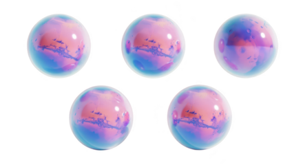 Five translucent spheres reflect a pink-blue cloudy sky against white perfect for abstract art or design elements