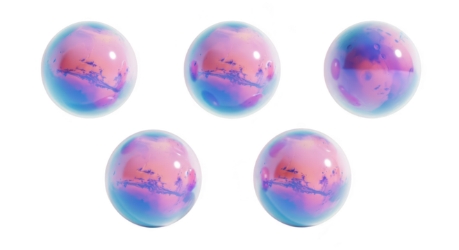 Five translucent spheres reflect a pink-blue cloudy sky against white perfect for abstract art or design elements