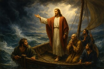Biblical scene of Jesus calming violent storm on Sea of Galilee with disciples in boat