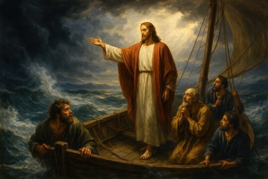 Biblical scene of Jesus calming violent storm on Sea of Galilee with disciples in boat